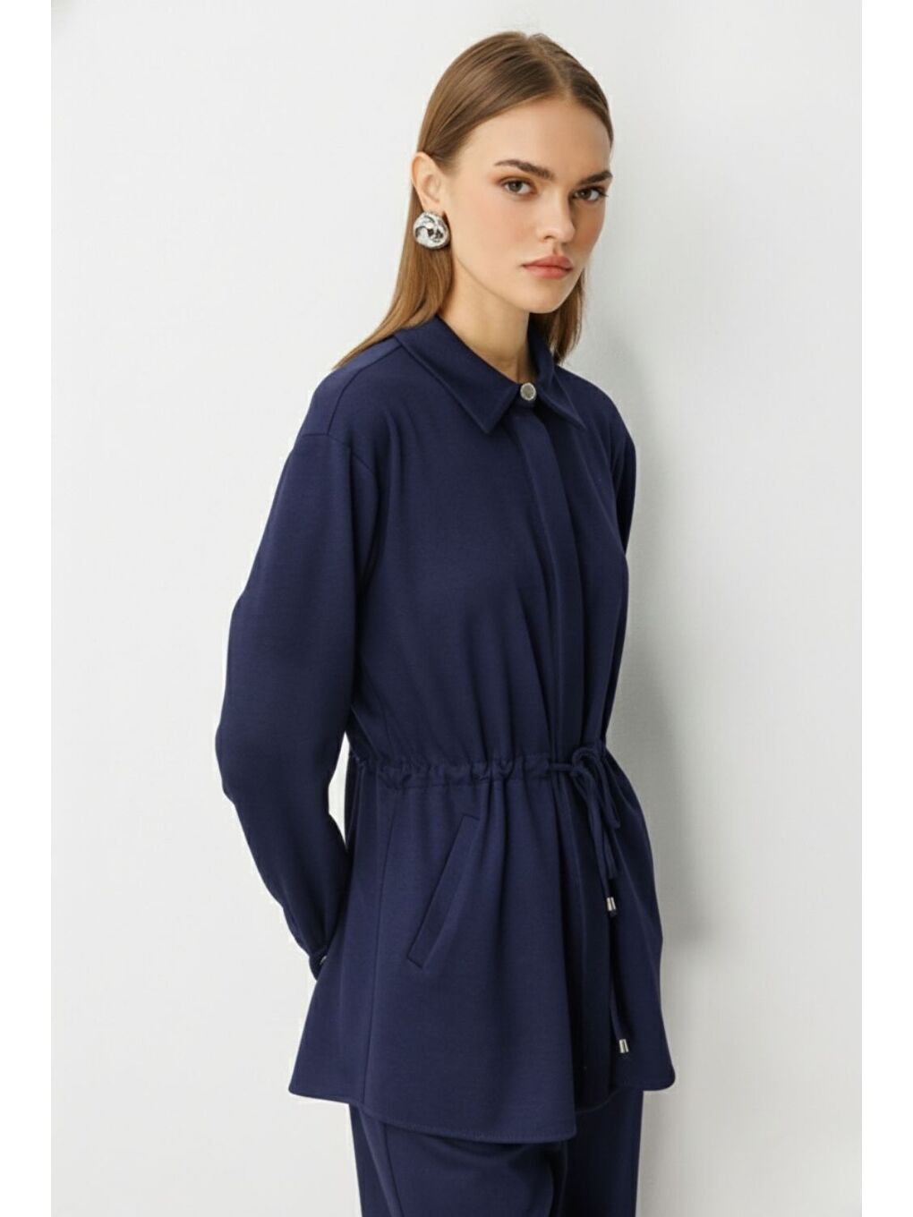 İndigo Mavi Beli İp Büzgülü Yumuşak Dokulu İndigo Tunik-2