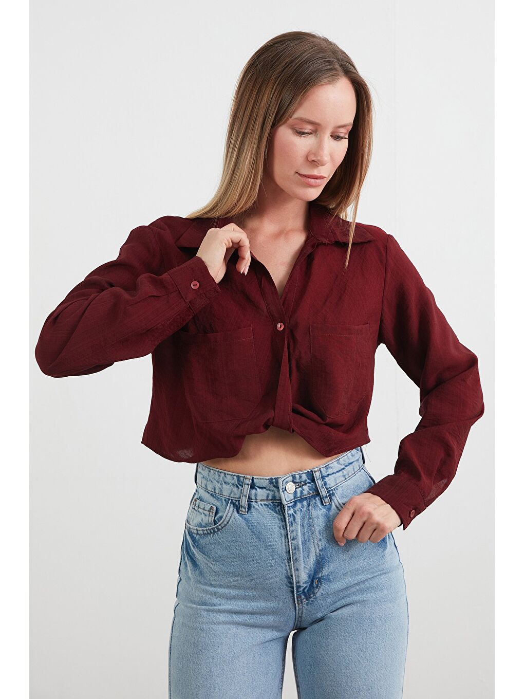 Bordo Önü Düğümlü Cepli Crop Gömlek-2