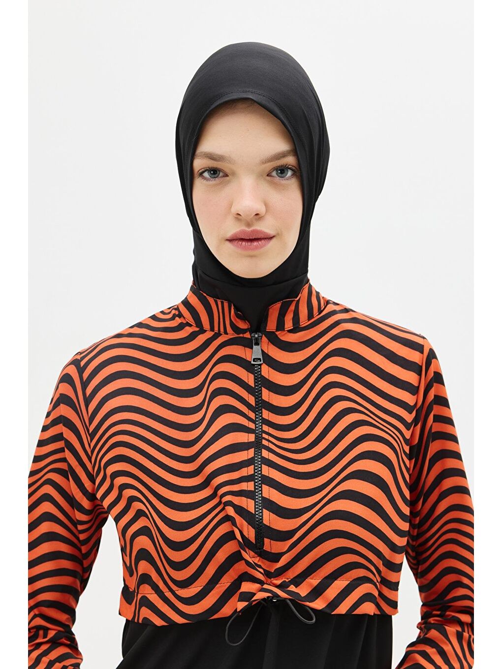 Kahverengi Desenli Belden Büzgülü 4'Lü Tesettür Mayo 6220 Kiremit/Siyah-4