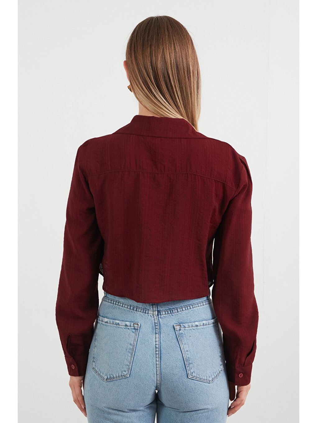 Bordo Önü Düğümlü Cepli Crop Gömlek-3