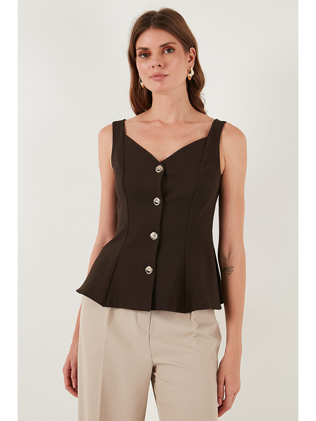 Kahverengi Fitted Fit V Yaka Düğmeli Yelek 611FYL145-2