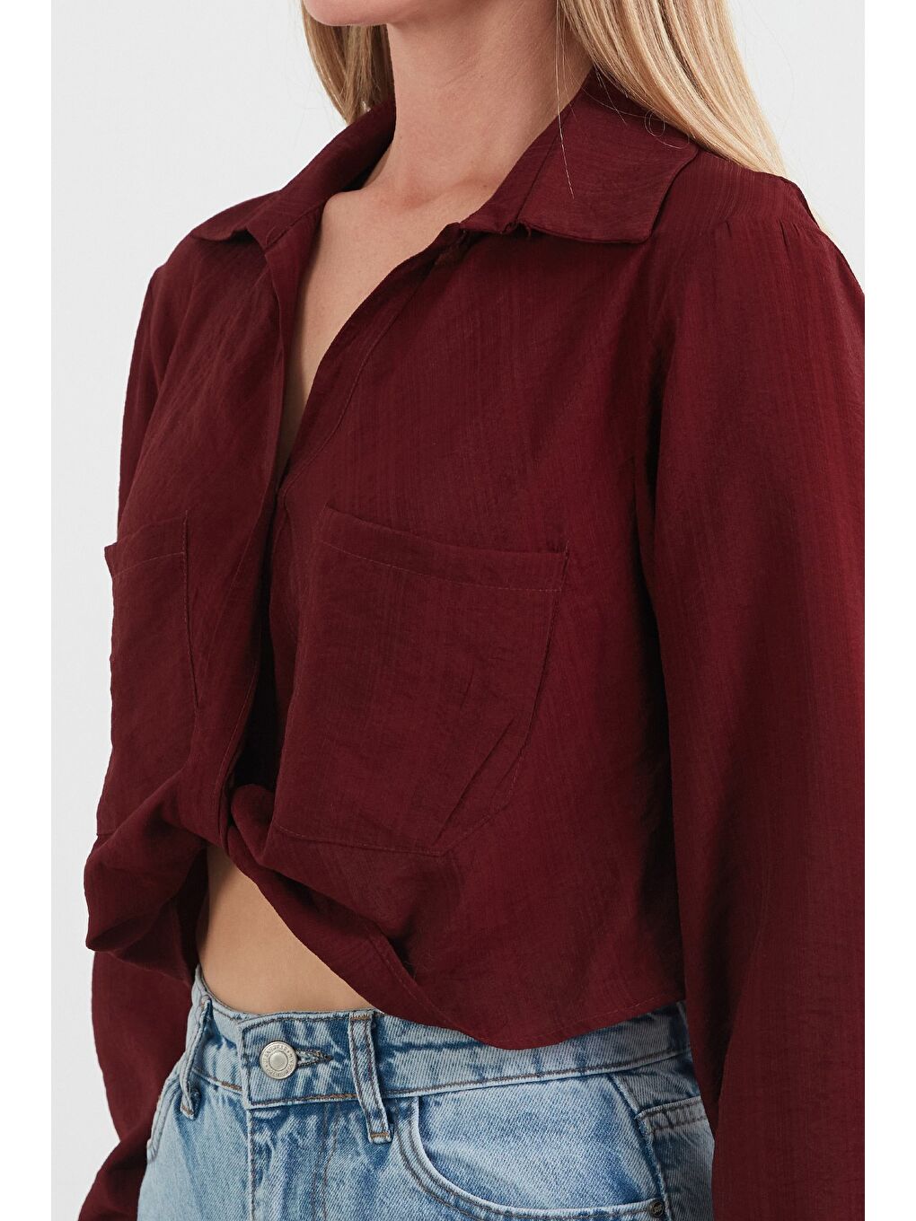 Bordo Önü Düğümlü Cepli Crop Gömlek-4