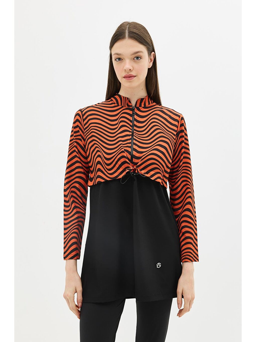 Kahverengi Desenli Belden Büzgülü 4'Lü Tesettür Mayo 6220 Kiremit/Siyah-5