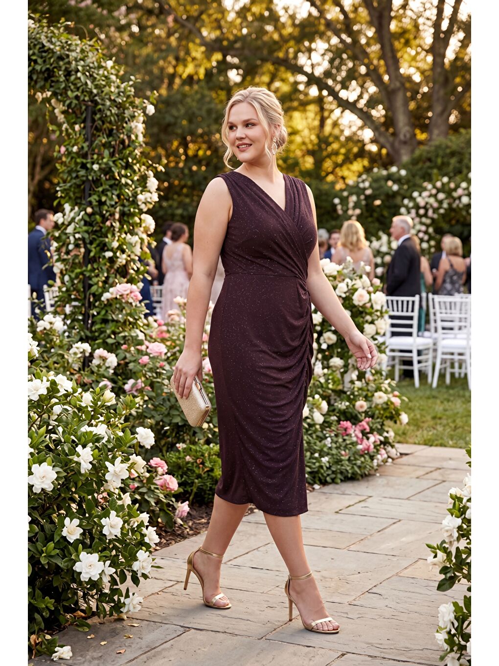 Kadın Kahverengi Kruvaze Yaka Simli Büyük Beden Midi Abiye Elbise-4