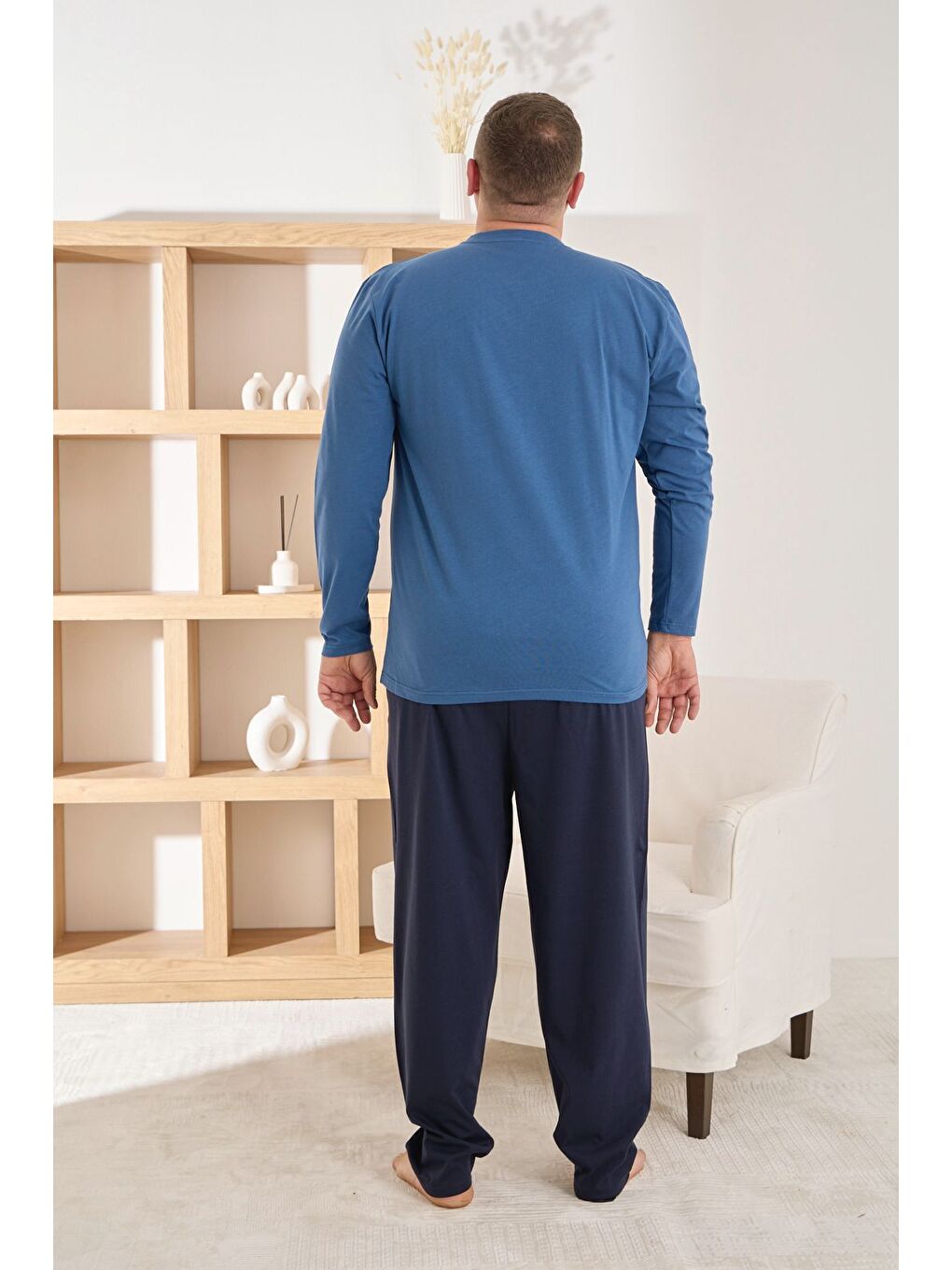 Mavi Erkek %100 Pamuk Uzun Kollu Baskılı Battal Kaliteli Rahat Pijama Takımı-2