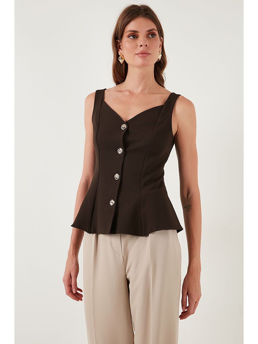 Kahverengi Fitted Fit V Yaka Düğmeli Yelek 611FYL145-3