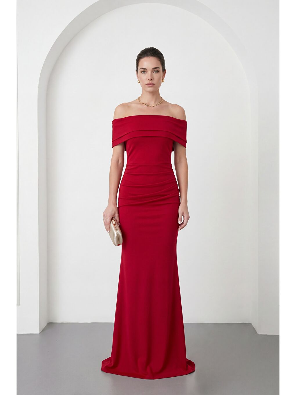 Kadın Bordo Kayık Yaka Uzun Abiye Elbise-1