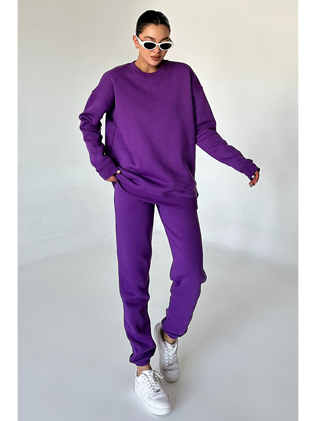 Kadın Erkek Mor Bisiklet Yaka Düz Oversize Alt-Üst Eşofman Takımı-4