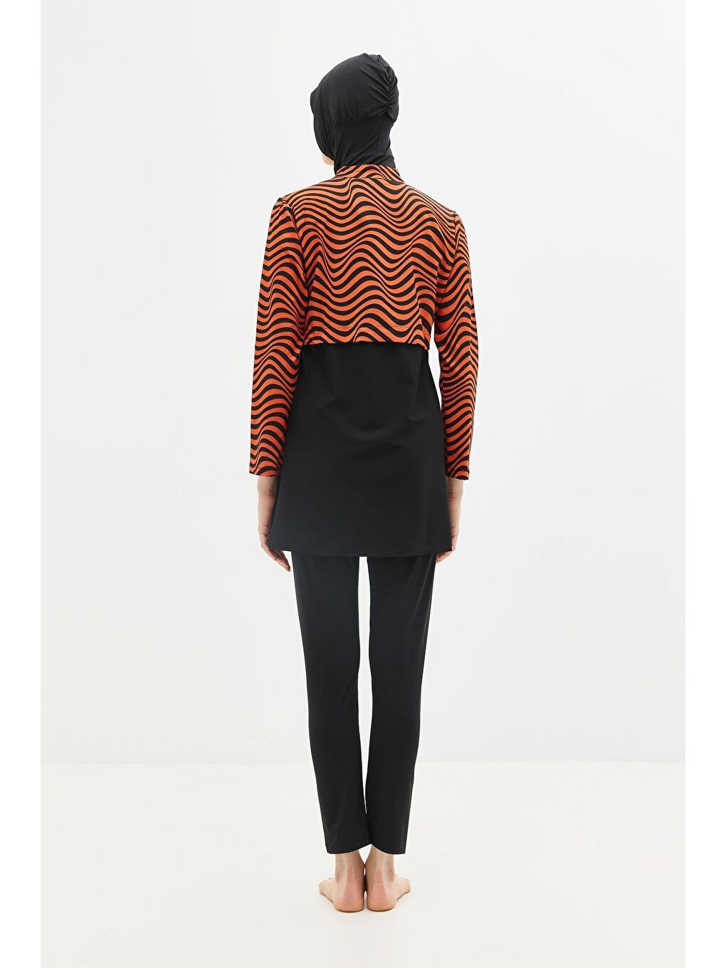 Kahverengi Desenli Belden Büzgülü 4'Lü Tesettür Mayo 6220 Kiremit/Siyah-7