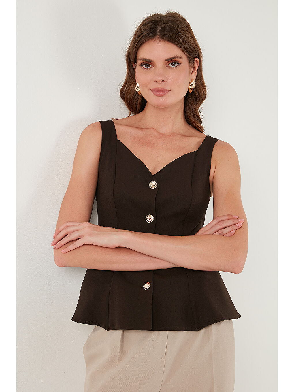 Kahverengi Fitted Fit V Yaka Düğmeli Yelek 611FYL145-4