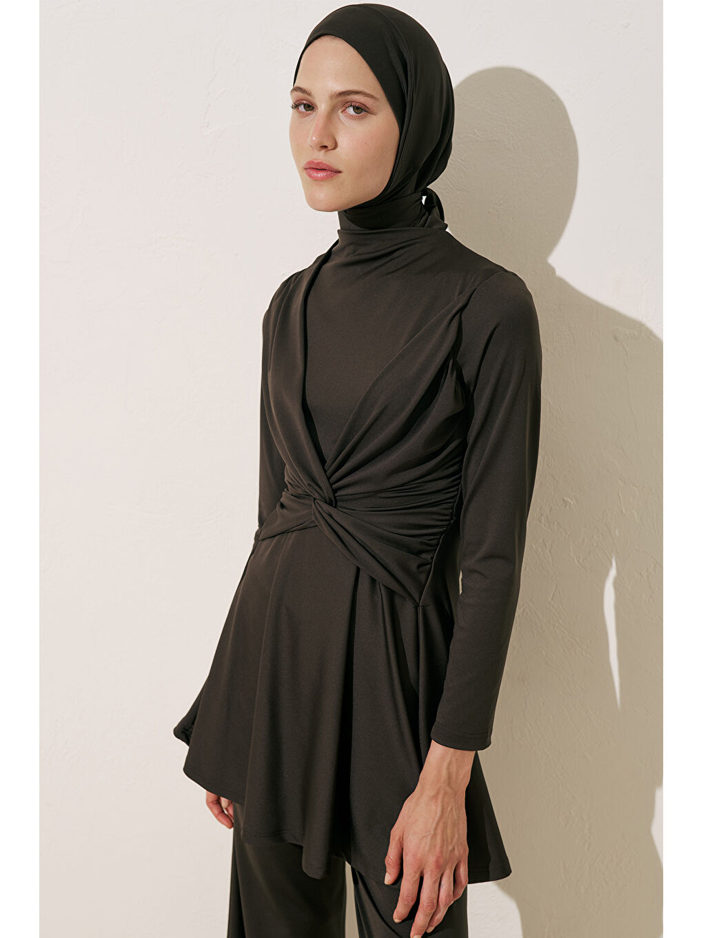 Düğüm Detaylı Tesettür Mayo Kahverengi-2