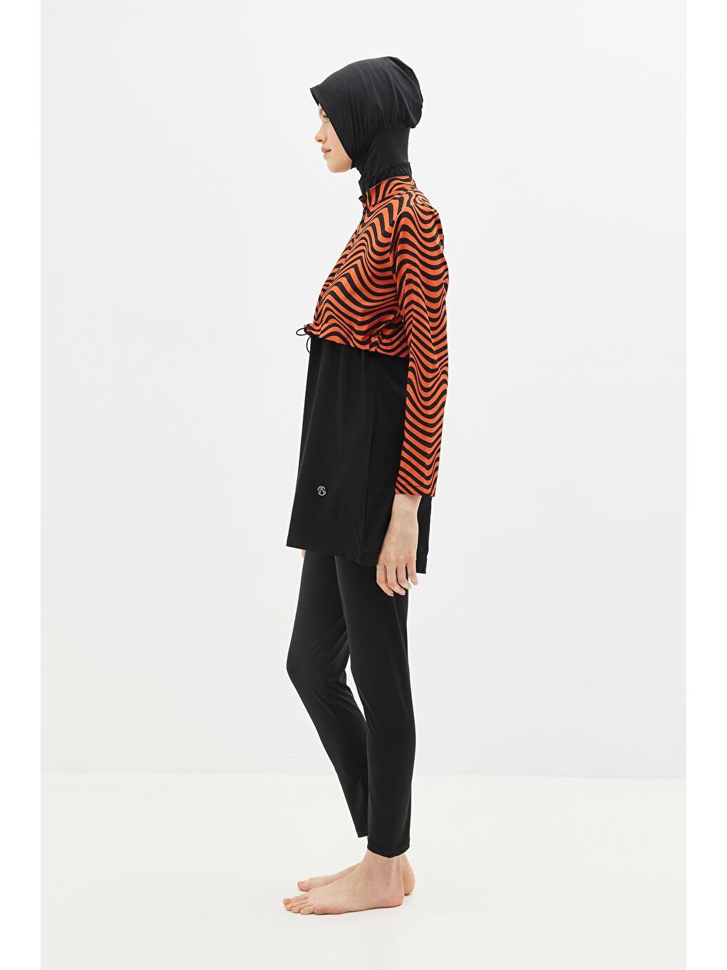 Kahverengi Desenli Belden Büzgülü 4'Lü Tesettür Mayo 6220 Kiremit/Siyah-8