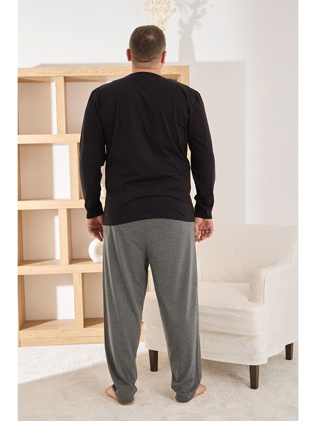 Siyah Erkek %100 Pamuk Uzun Kollu Baskılı Battal Kaliteli Rahat Pijama Takımı-2