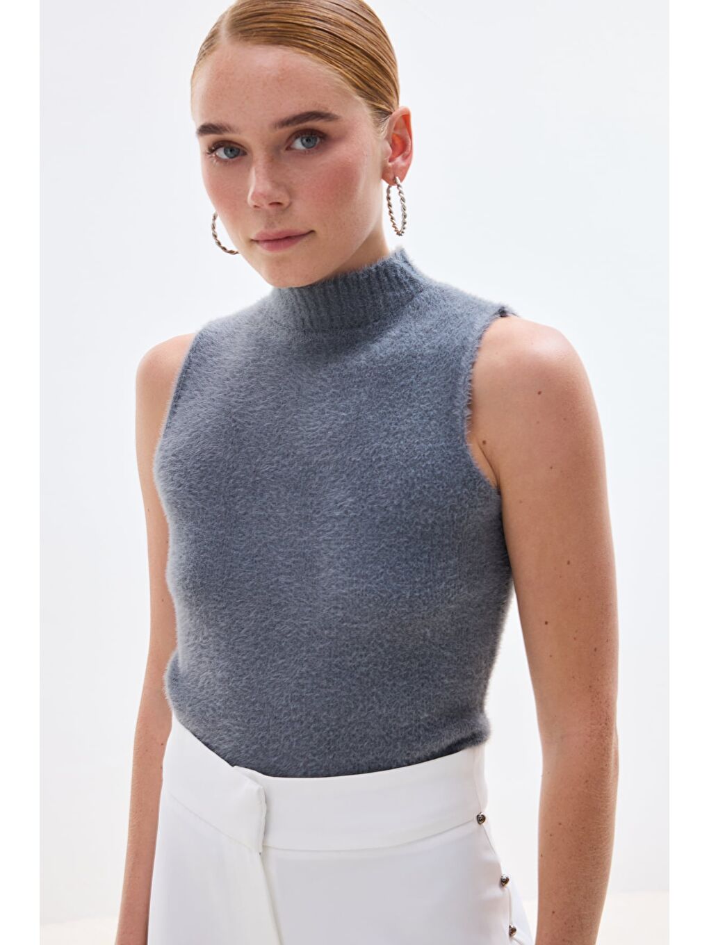 Sıfır Kol Sakallı Triko Bluz - Antrasit