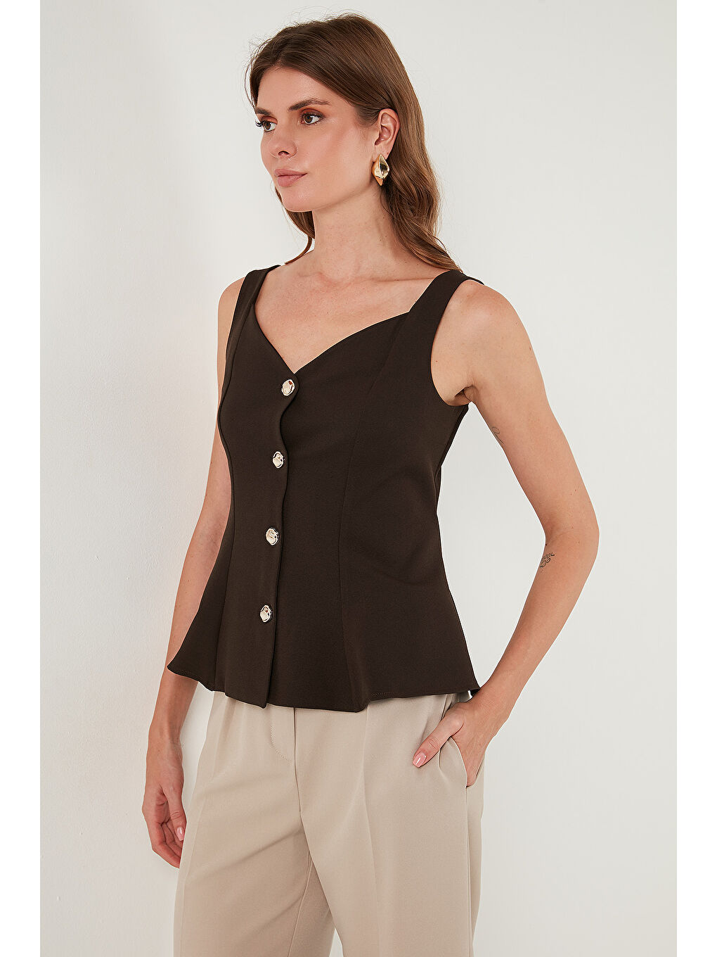 Kahverengi Fitted Fit V Yaka Düğmeli Yelek 611FYL145-5