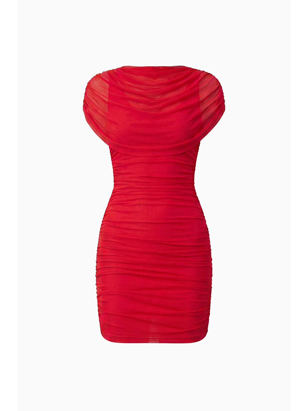 Kadın Kırmızı Büzgülü Mini Tül Elbise-6