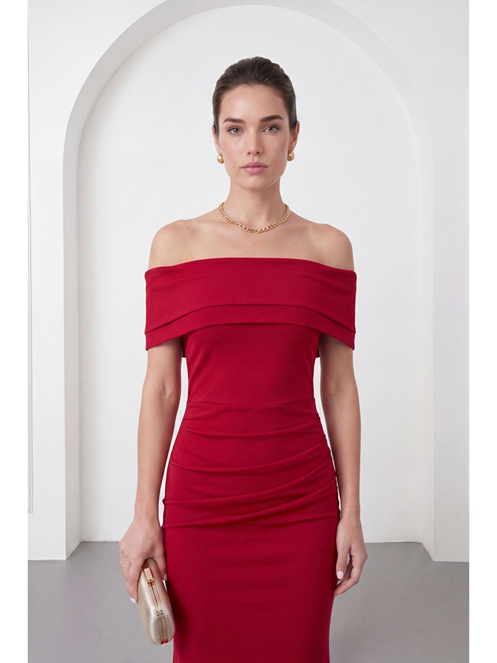 Kadın Bordo Kayık Yaka Uzun Abiye Elbise-2