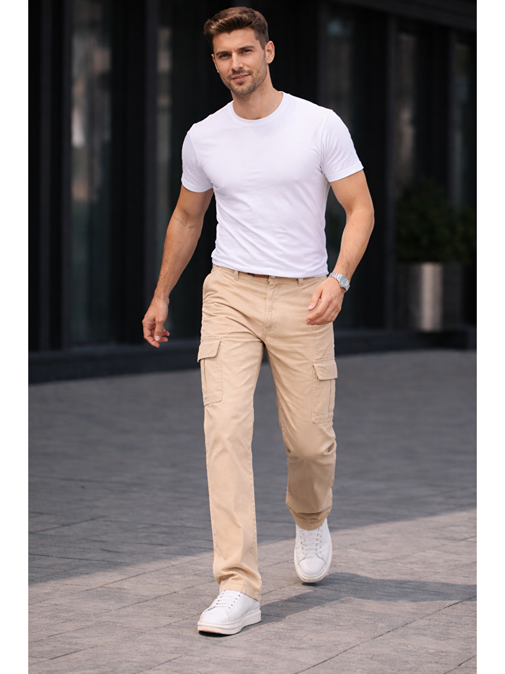 Bej Erkek Trend Bol Paça Günlük Kargo Taş Baggy Pantolon-3