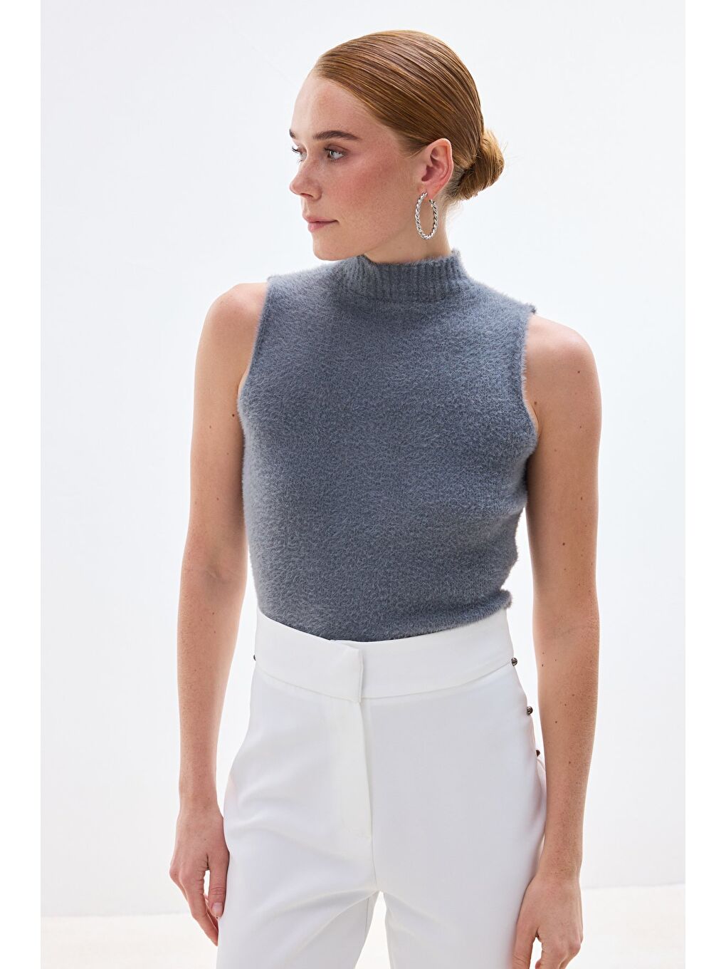 Sıfır Kol Sakallı Triko Bluz - Antrasit-1