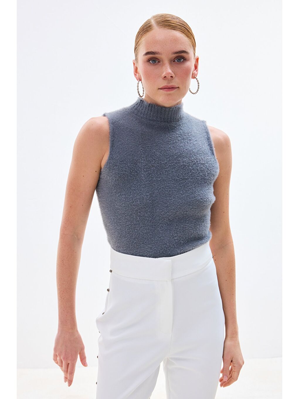 Sıfır Kol Sakallı Triko Bluz - Antrasit-2