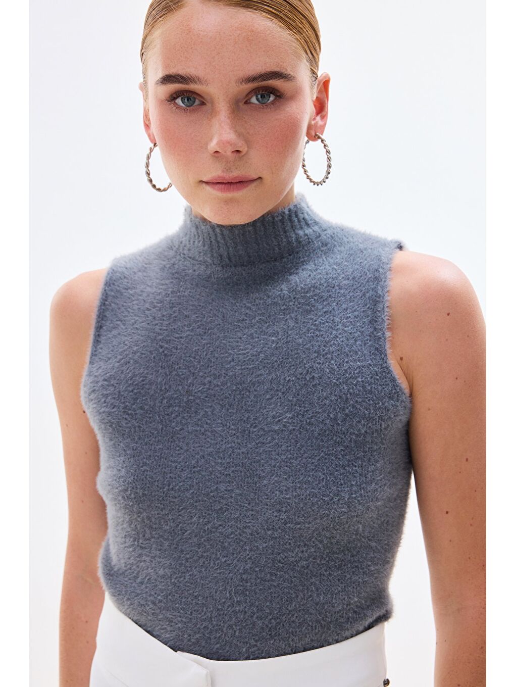 Sıfır Kol Sakallı Triko Bluz - Antrasit-3