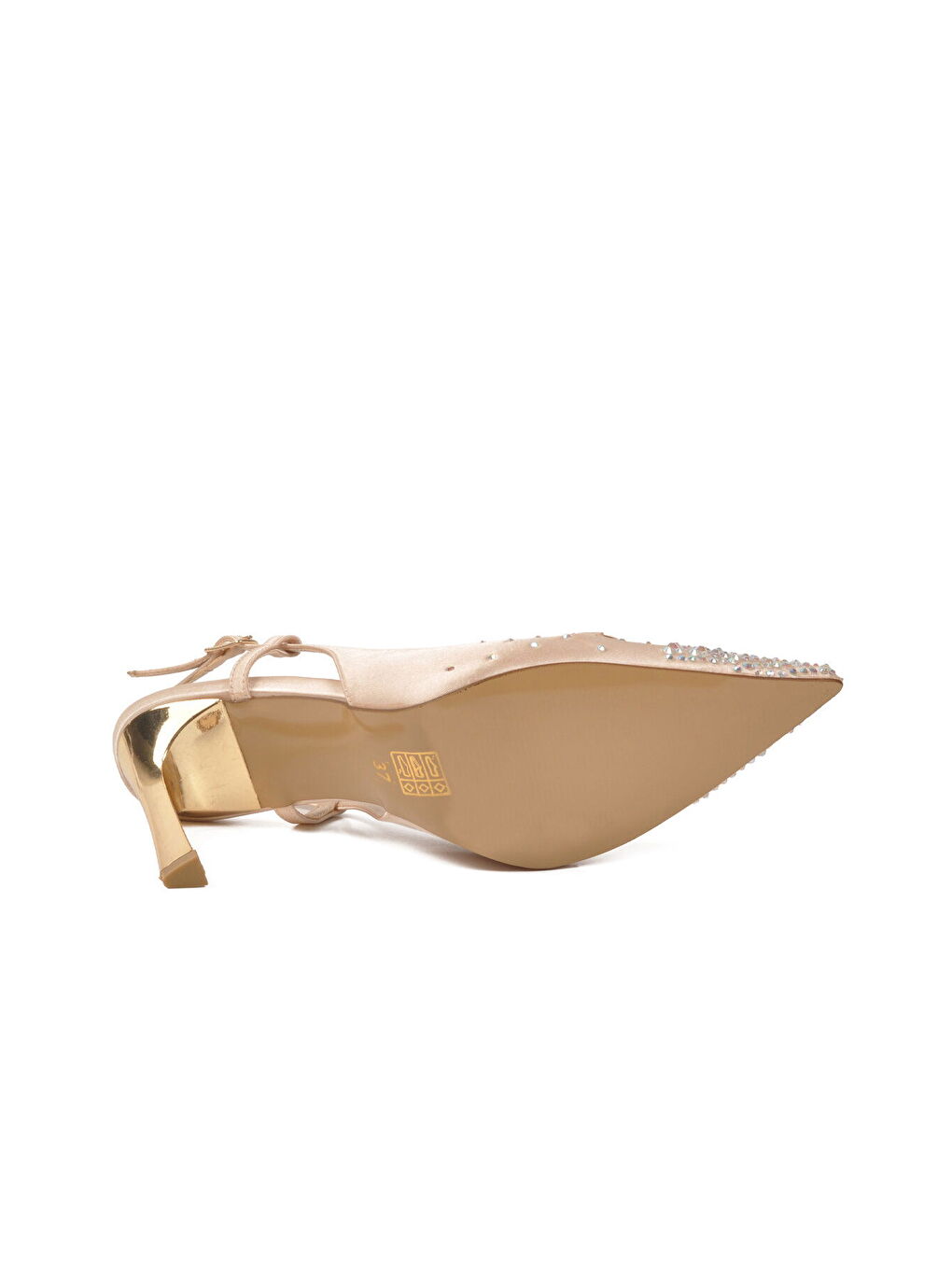 Bej Saten Taşlı İşlemeli İnce Uzun Topuklu Kadın Abiye Ayakkabı 298248 Z-4