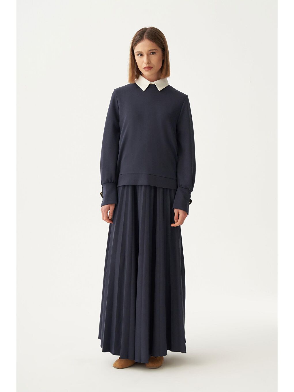 Lacivert-Yumuşak Dokulu Pliseli Etekli Takım