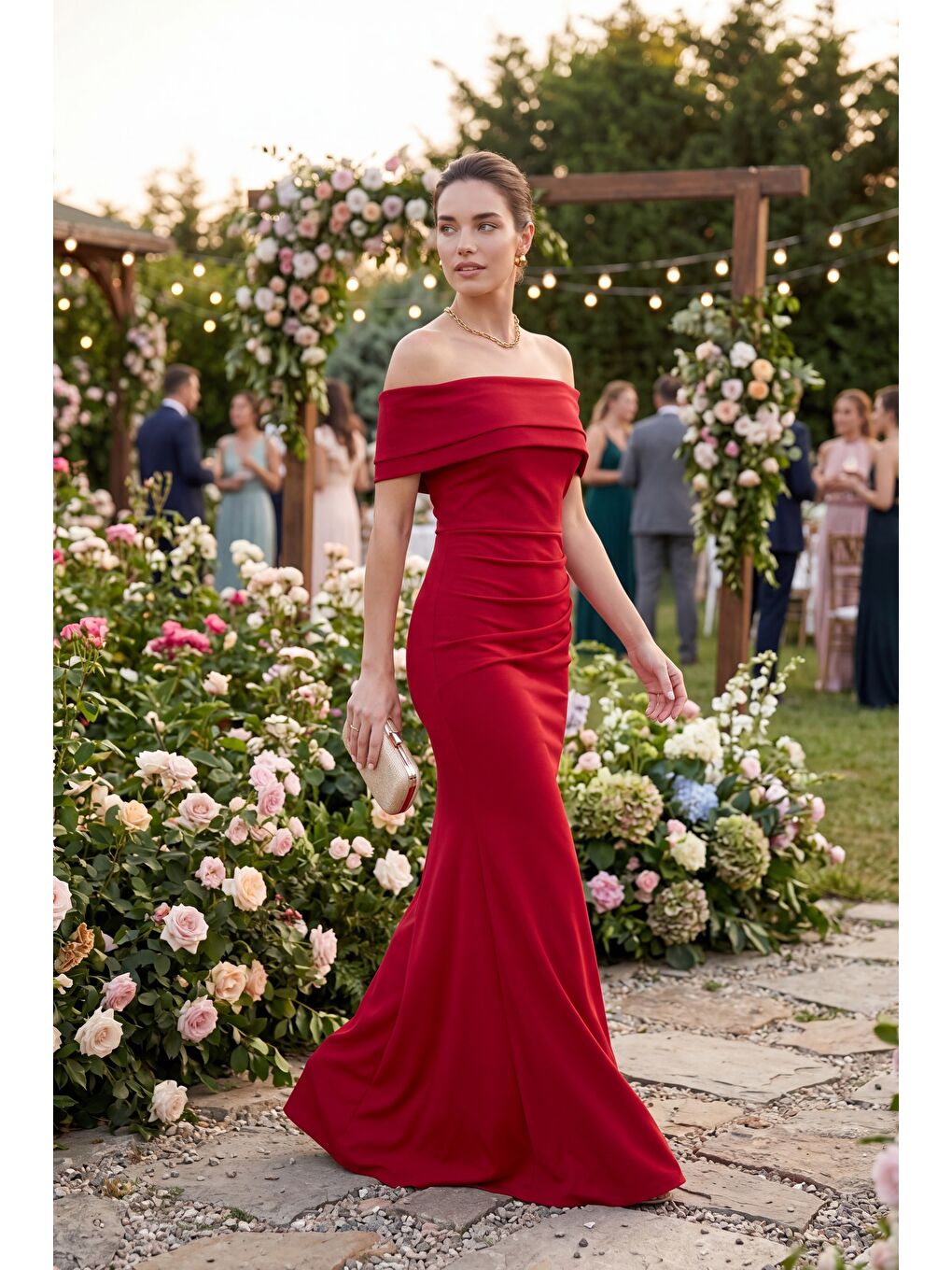 Kadın Bordo Kayık Yaka Uzun Abiye Elbise-4