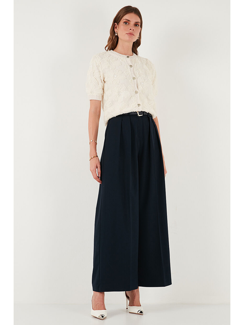 Lacivert Pileli Wide Leg Yüksek Bel Geniş Paça Kemerli Palazzo Pantolon 68351070