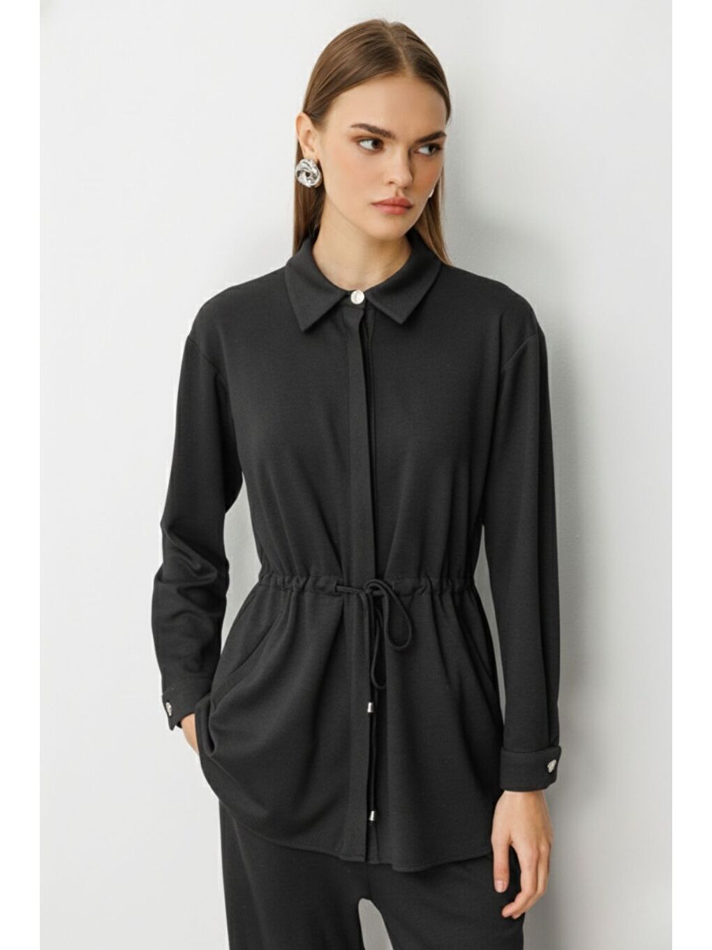 Beli İp Büzgülü Yumuşak Dokulu Antrasit Tunik