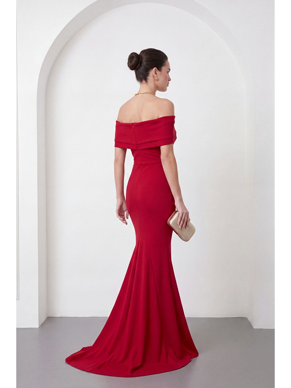 Kadın Bordo Kayık Yaka Uzun Abiye Elbise-5