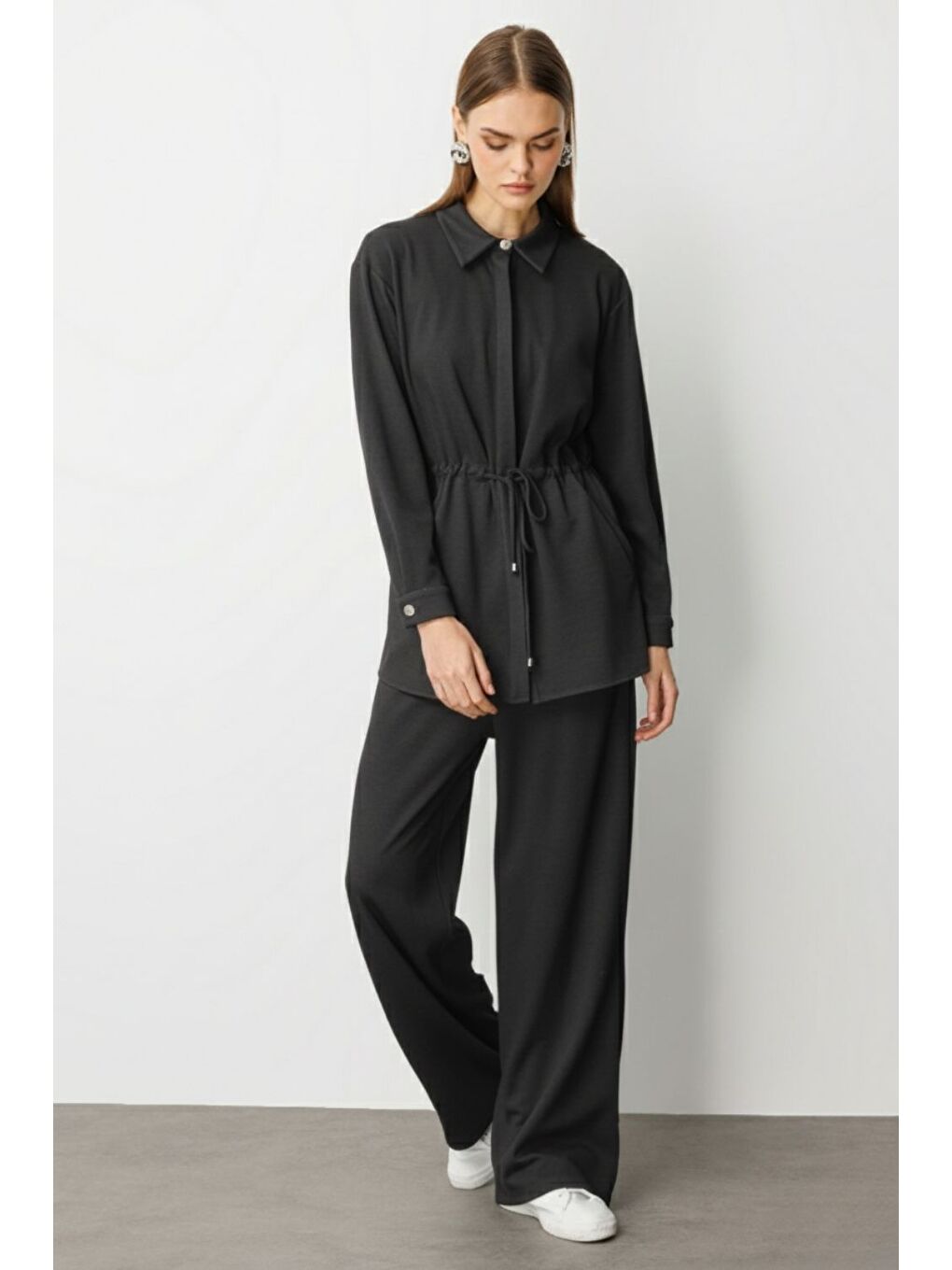 Beli İp Büzgülü Yumuşak Dokulu Antrasit Tunik-1