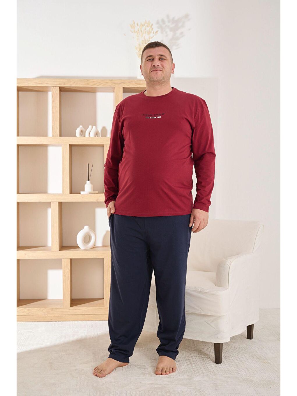 Bordo Erkek %100 Pamuk Uzun Kollu Baskılı Battal Kaliteli Rahat Pijama Takımı