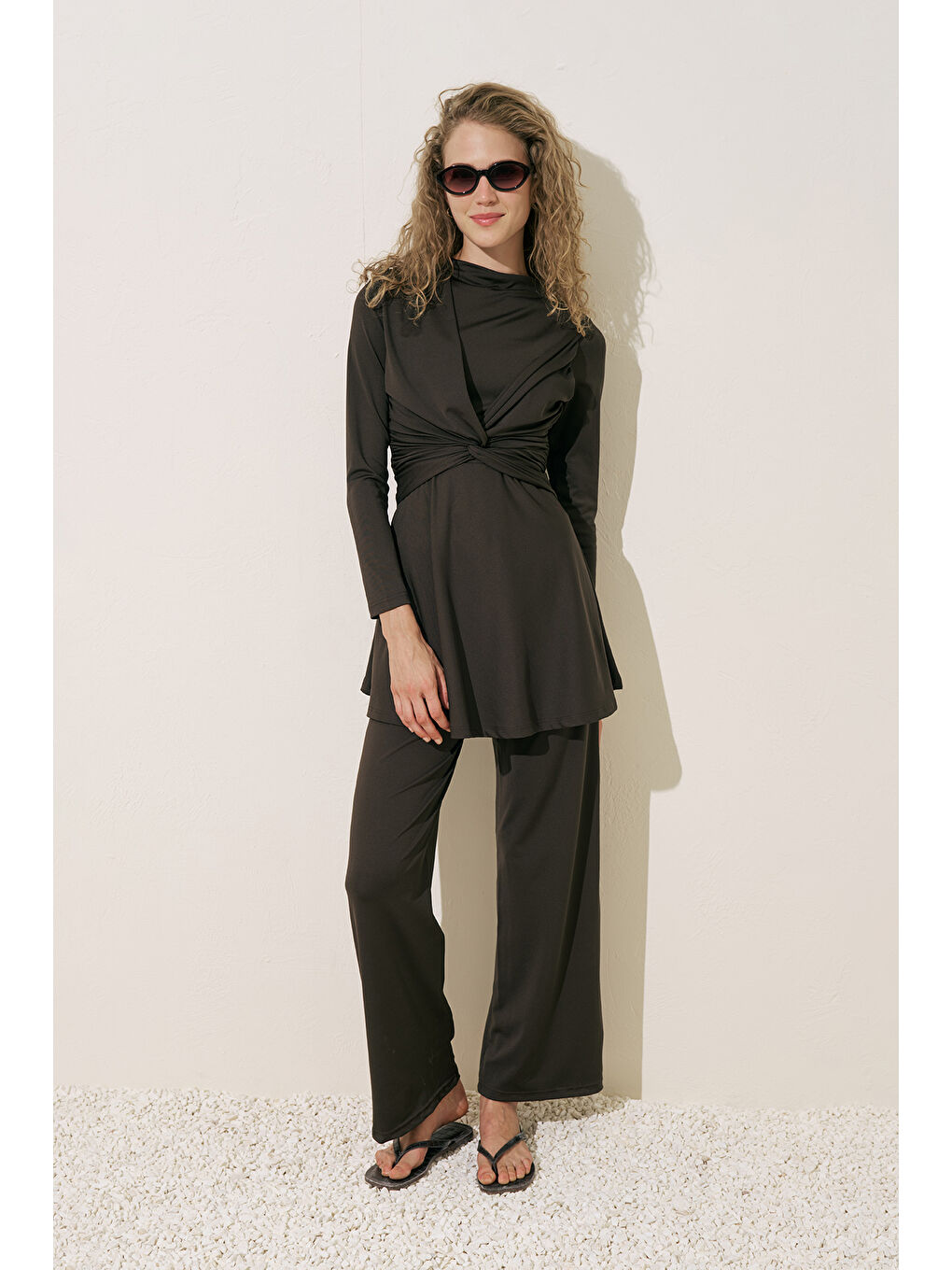 Düğüm Detaylı Tesettür Mayo Kahverengi-3