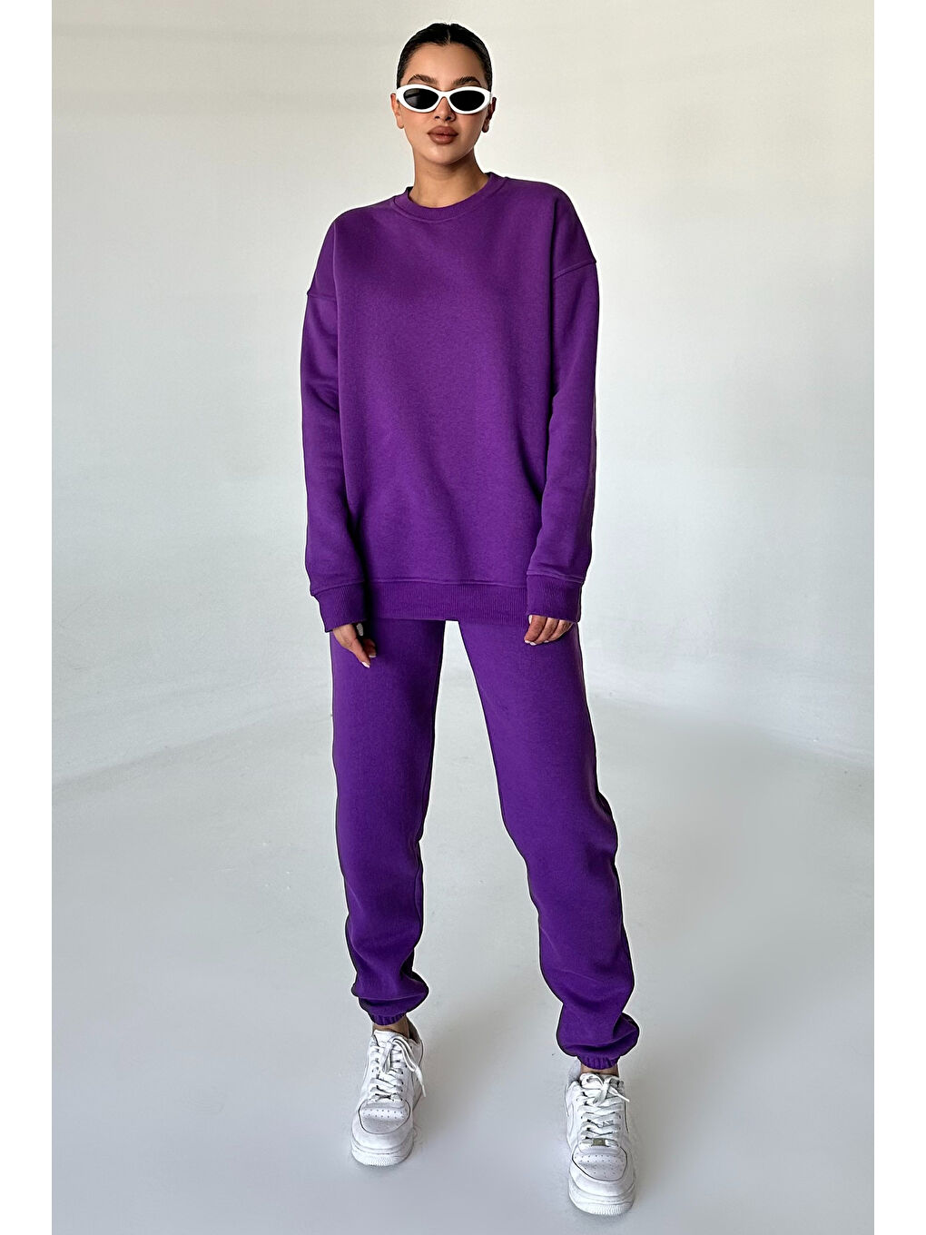 Kadın Erkek Mor Bisiklet Yaka Düz Oversize Alt-Üst Eşofman Takımı-5