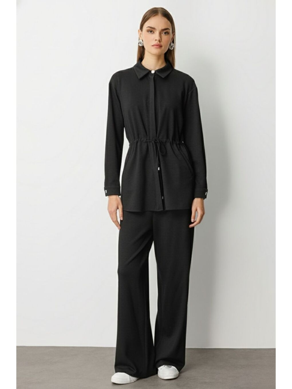 Beli İp Büzgülü Yumuşak Dokulu Antrasit Tunik-2