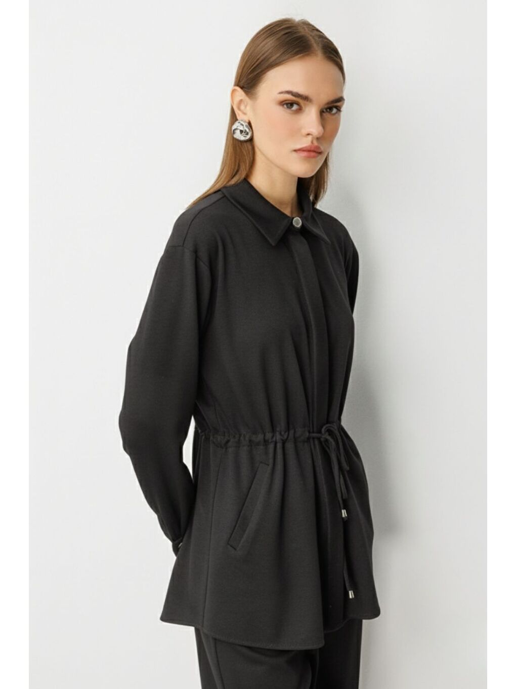Beli İp Büzgülü Yumuşak Dokulu Antrasit Tunik-3
