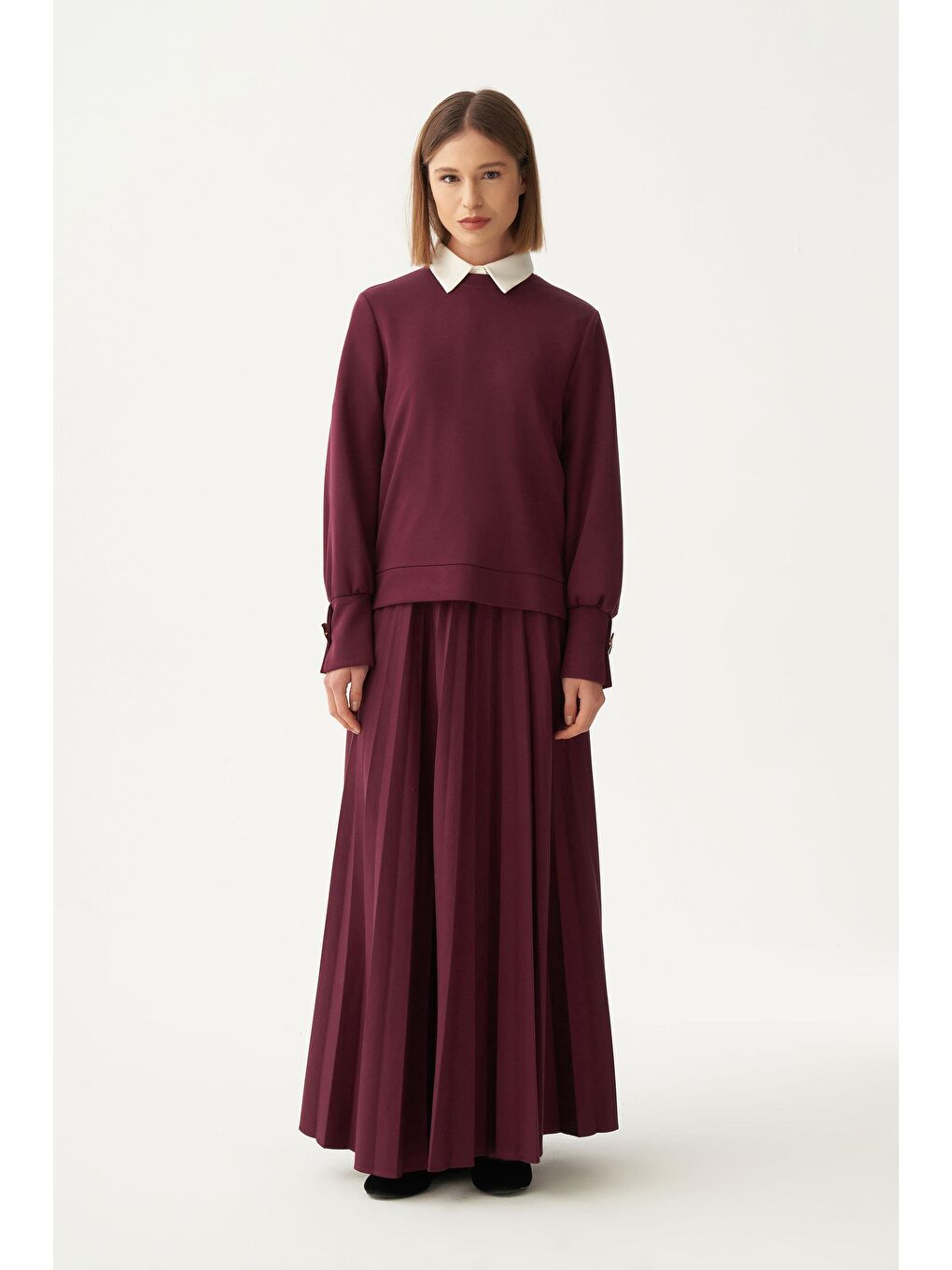 Bordo-Yumuşak Dokulu Pliseli Etekli Takım