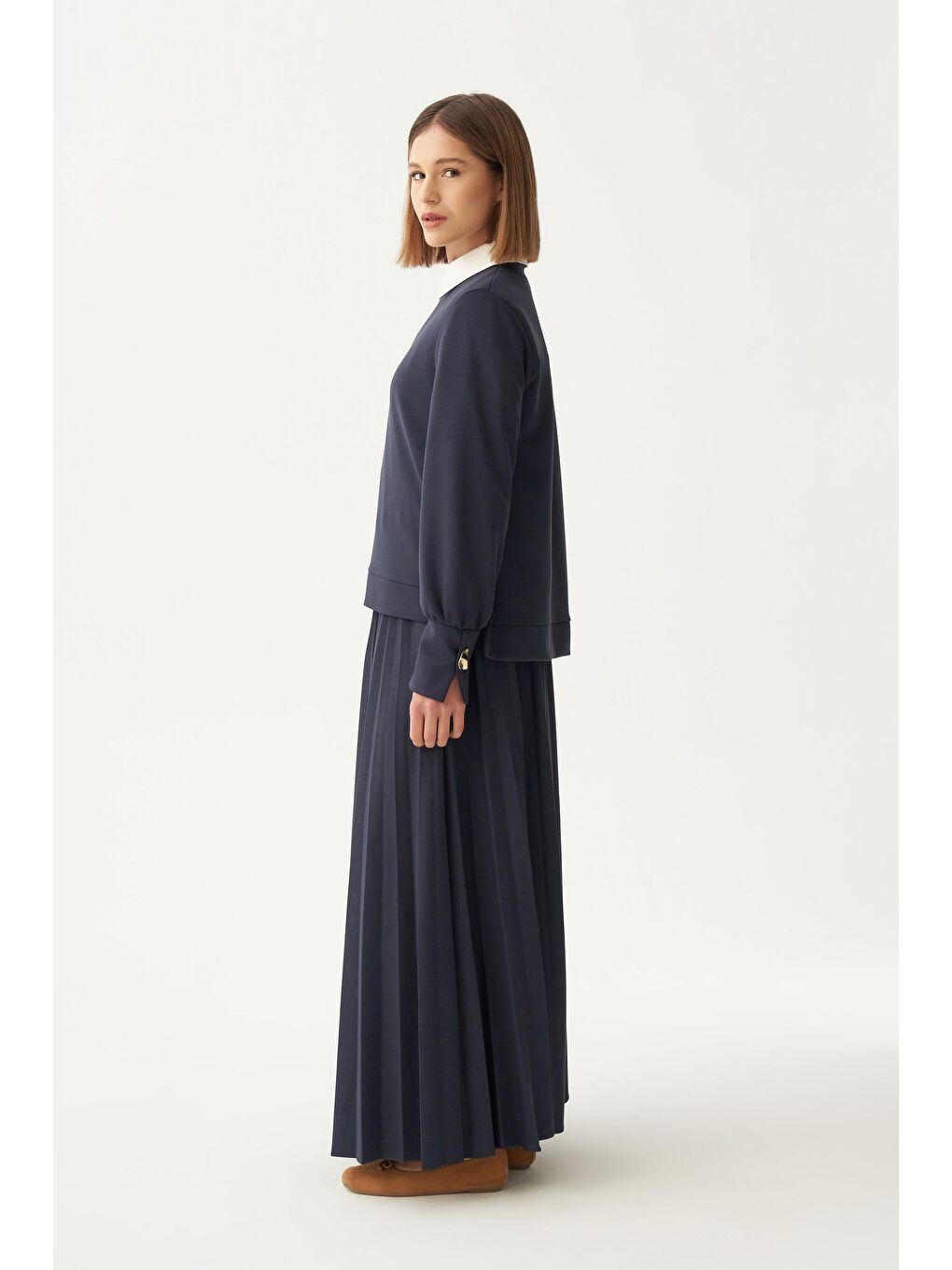 Lacivert-Yumuşak Dokulu Pliseli Etekli Takım-1