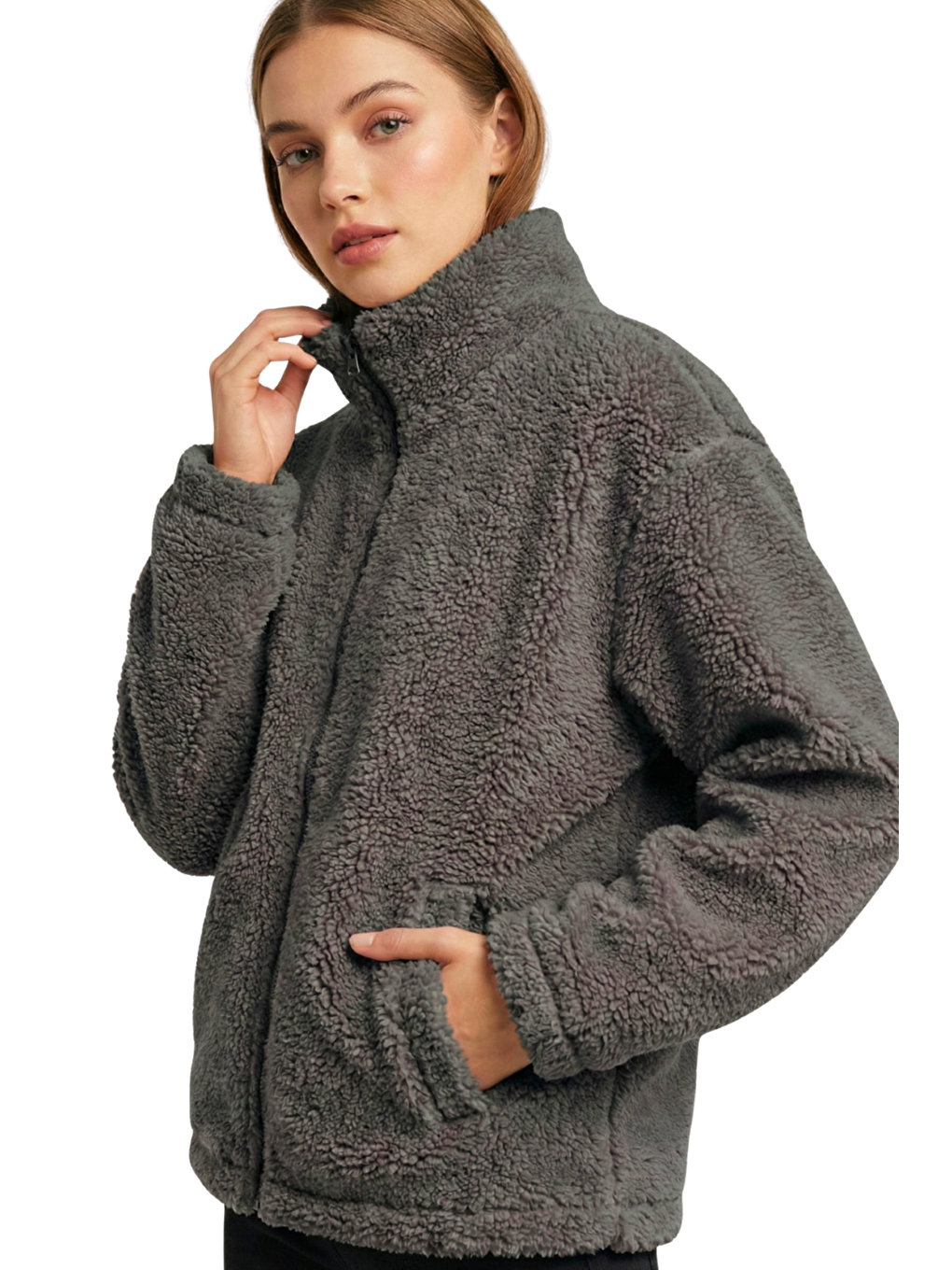 Gri Kadın Pelüş Tam Fermuarlı Cepli Sherpa Kuzu Kumaş Oversize Pelüş Polar Sweatshirt