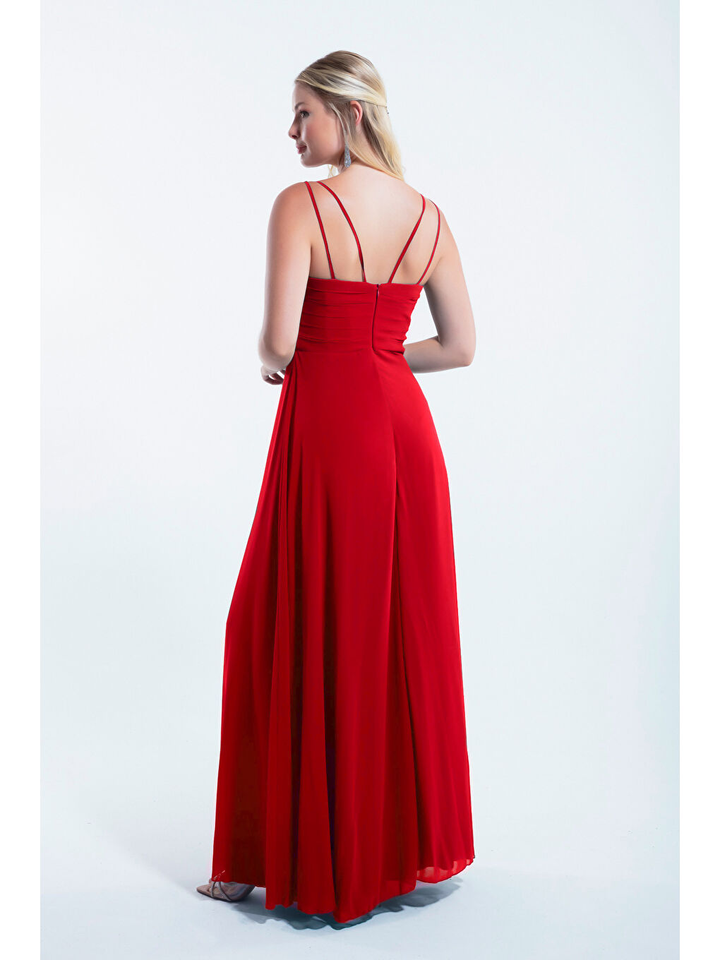 Kadın Kırmızı Askılı Şifon Abiye Elbise-4