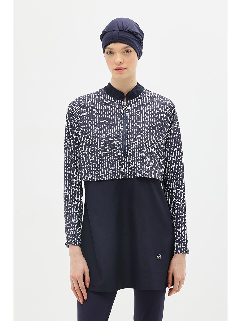 Modern Desen Detaylı Tam Kapalı Tesettür Mayo 4111 Lacivert/Beyaz-1