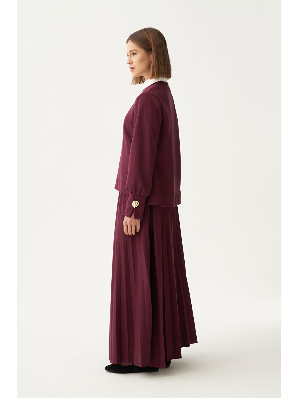 Bordo-Yumuşak Dokulu Pliseli Etekli Takım-1