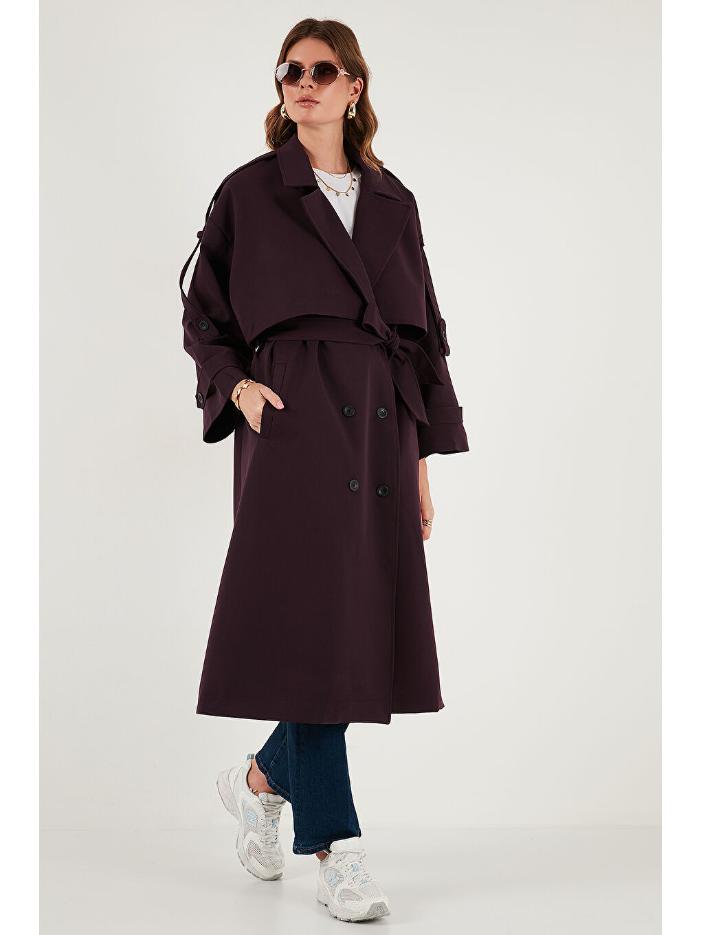 Mürdüm Oversize Fit Kruvaze Yaka Düğmeli Kemerli Uzun Trençkot 6839476