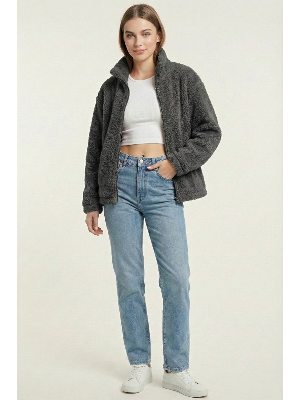 Gri Kadın Pelüş Tam Fermuarlı Cepli Sherpa Kuzu Kumaş Oversize Pelüş Polar Sweatshirt-1