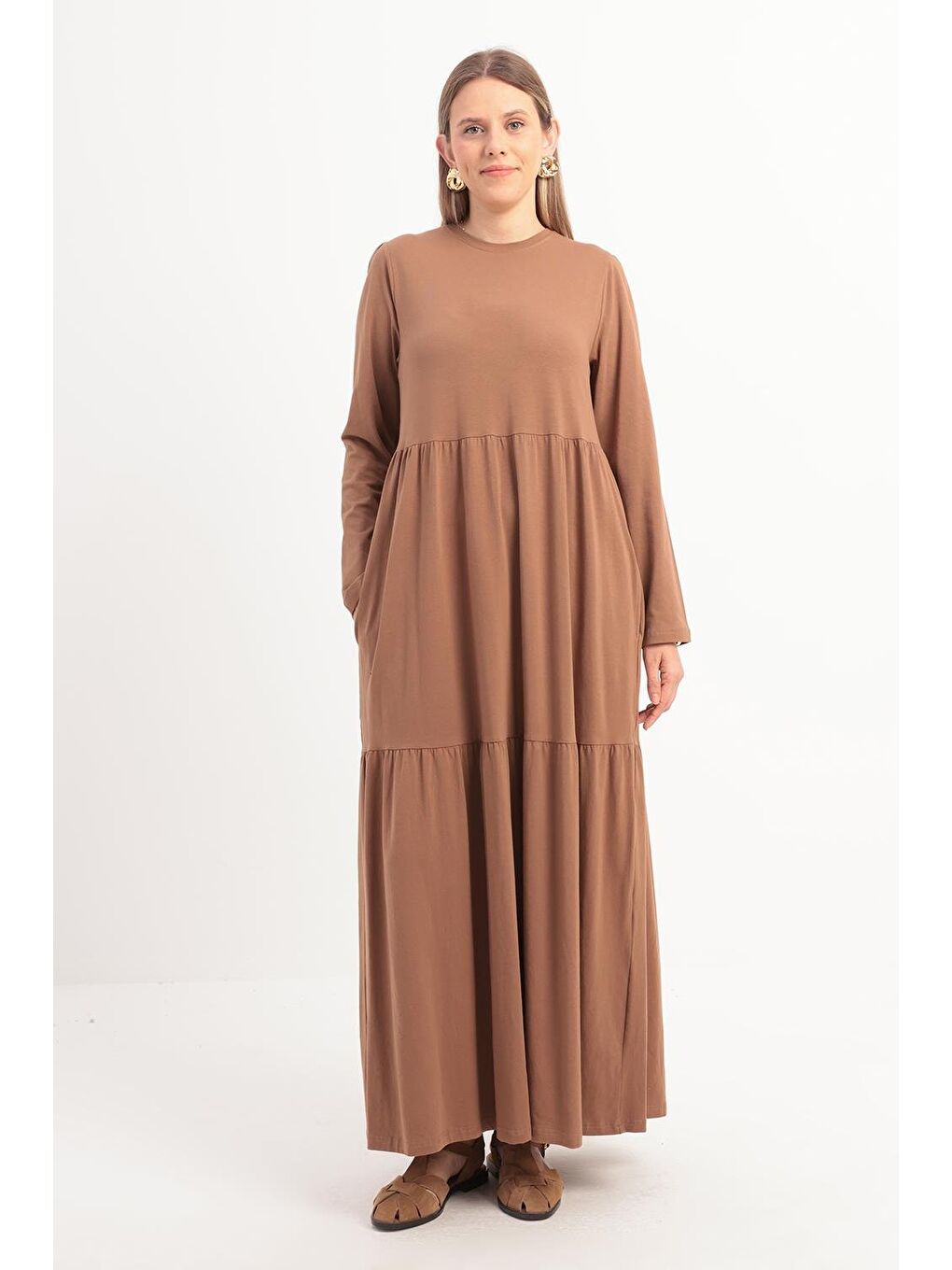 Bej Vizon Pamuklu Fırfırlı Cepli Elastanlı Penye Elbise-1