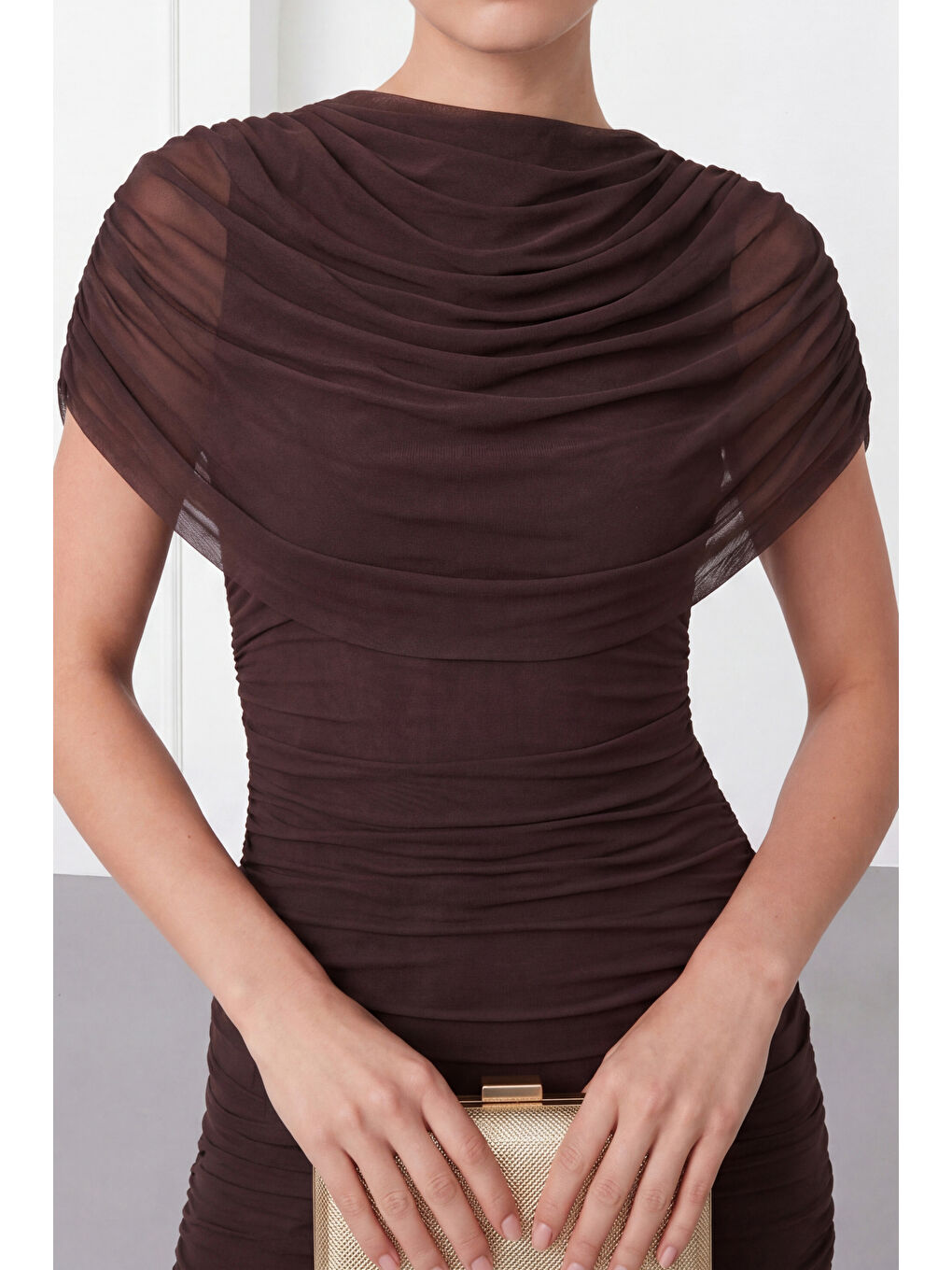 Kadın Kahverengi Büzgülü Mini Tül Elbise-1