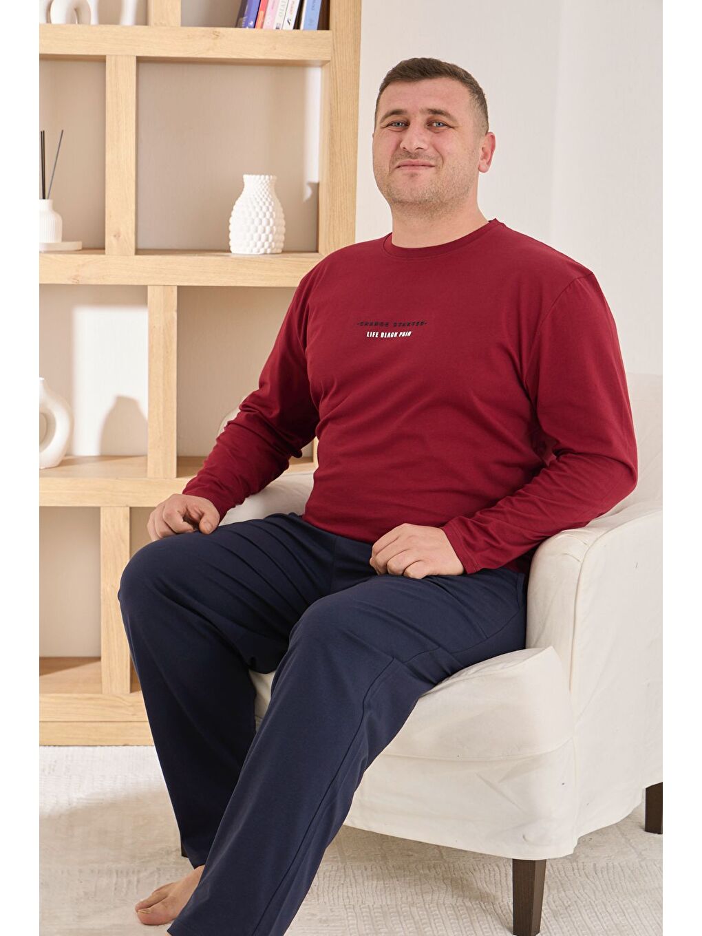 Bordo Erkek %100 Pamuk Uzun Kollu Baskılı Battal Kaliteli Rahat Pijama Takımı-1
