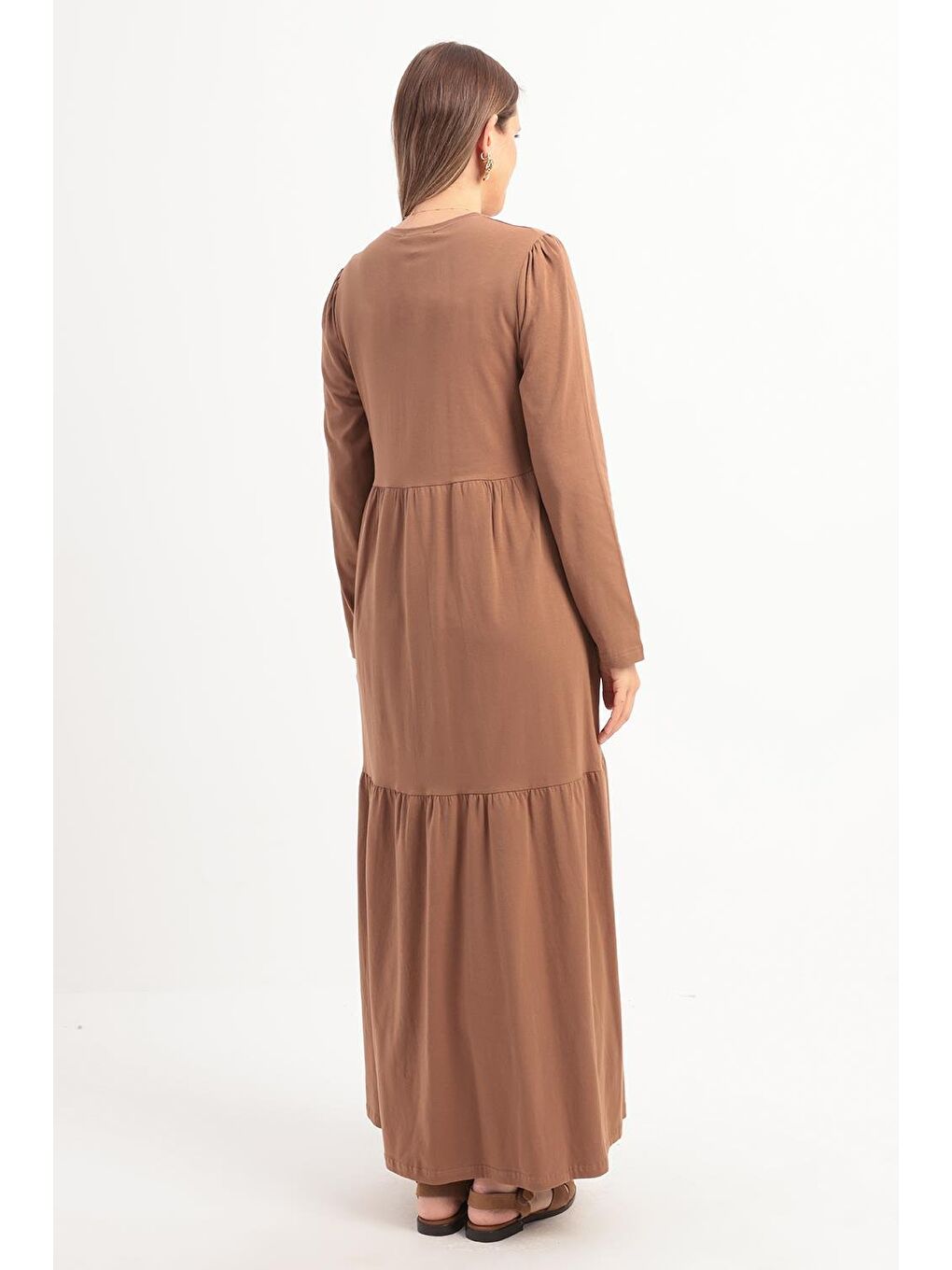 Bej Vizon Pamuklu Fırfırlı Cepli Elastanlı Penye Elbise-3