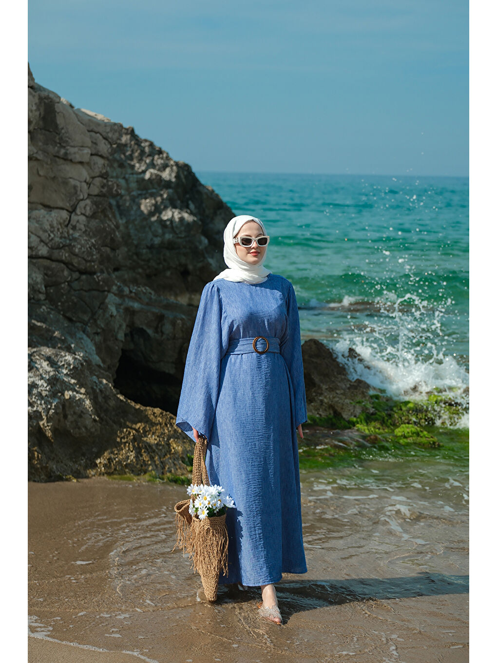 Kadın Yarasa Kol Bel Bağlamalı Elbise Mavi-1